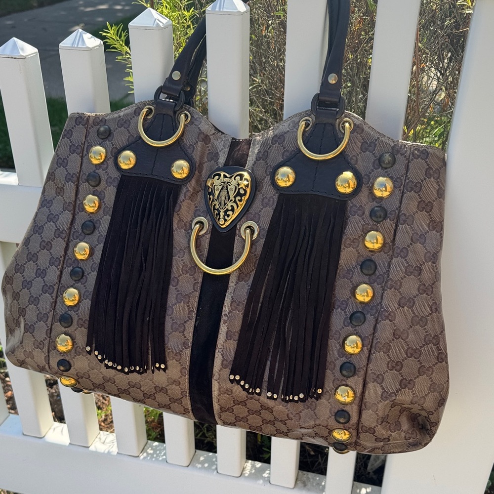 Gucci Babouska Heart Beige Ebony Crystal Canvas Tote Bag EUC - Picture 2 of 15